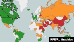 Freedom House ұйымының әлемдегі 2014 жылғы интернет еркіндігін карта арқылы сипаттауы. Көк - интернеті еркін, сары - жартылай еркін, қызыл - еркін емес елдер.